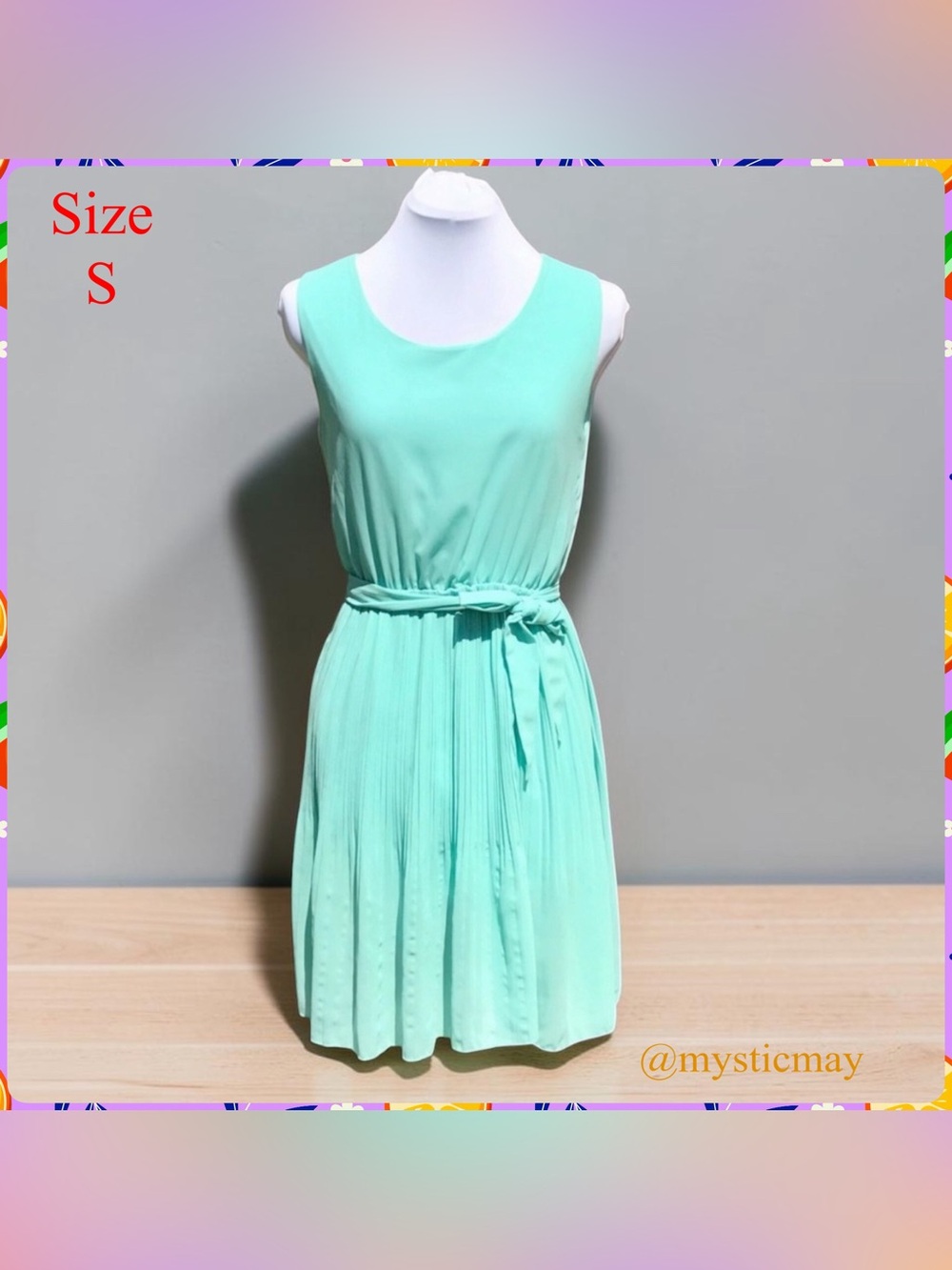Knee Length Sleeveless Seafoam Green Belted Pleated Chiffon Dress Size S or 4/6